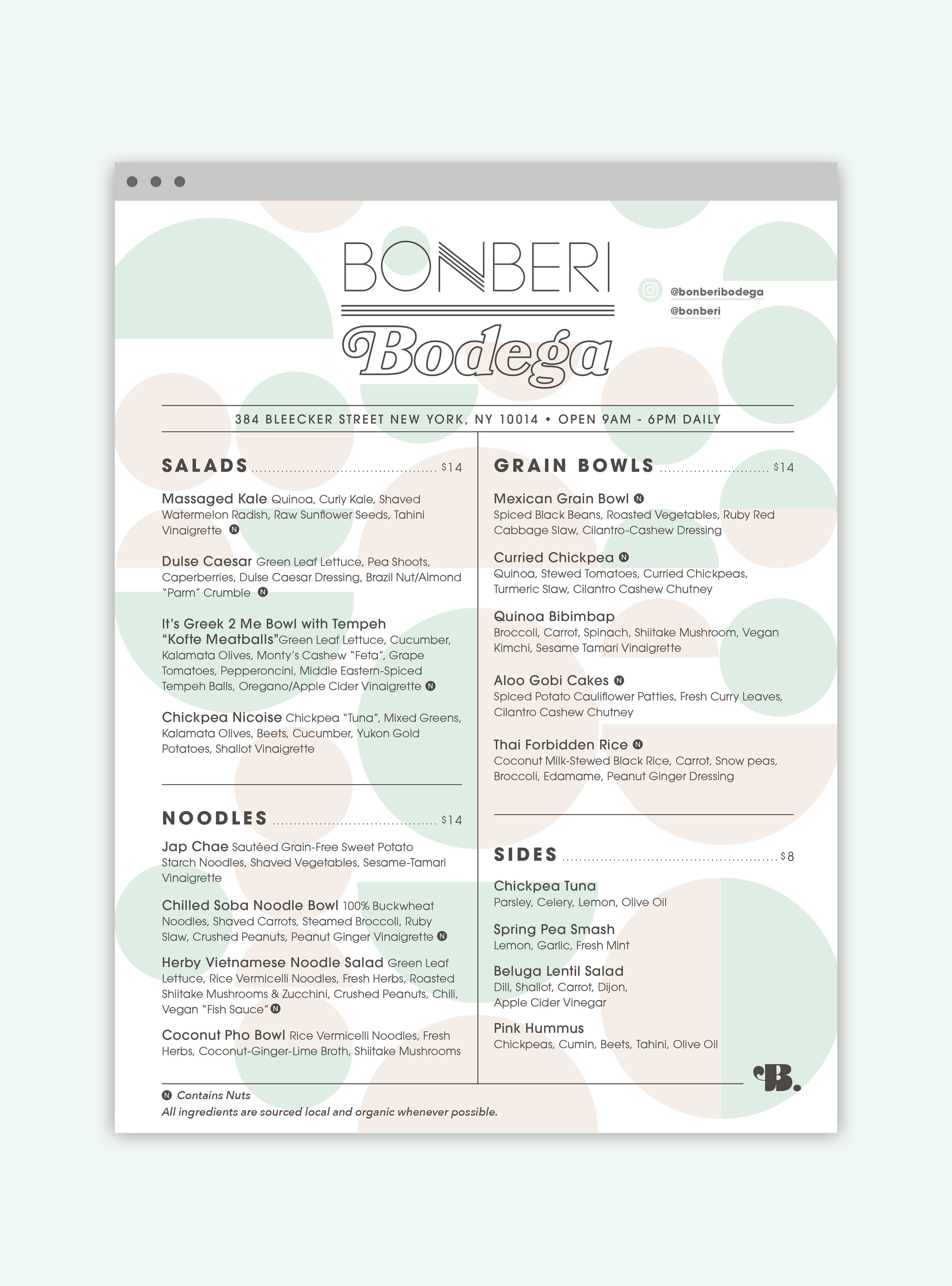 Digital menu created for plant-based bodega, Bonberi.