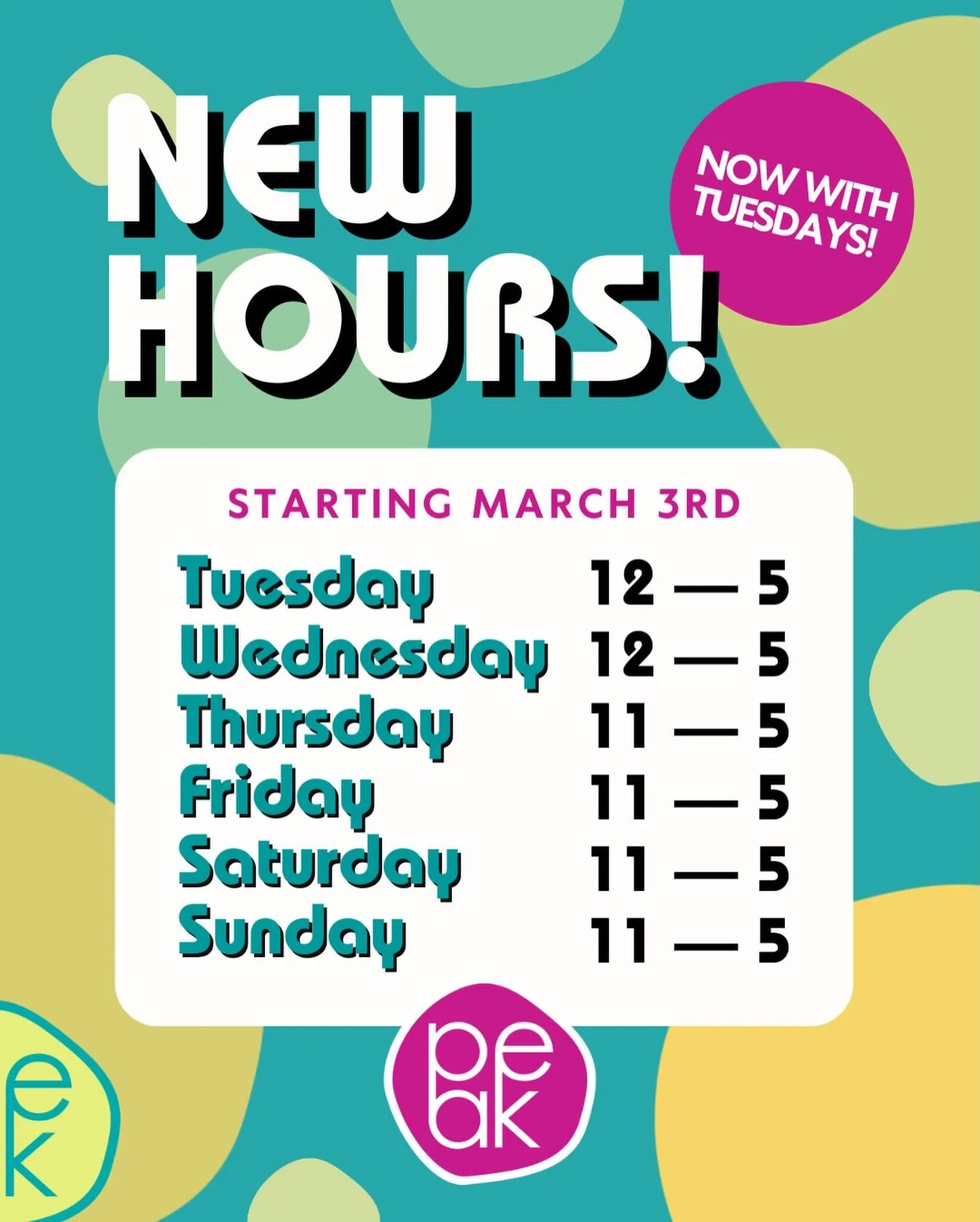 Starting March 3rd, Peak will be open on Tuesdays for March and April. This is going to be huge for Tuesdays. Sorry Monday. ✌️