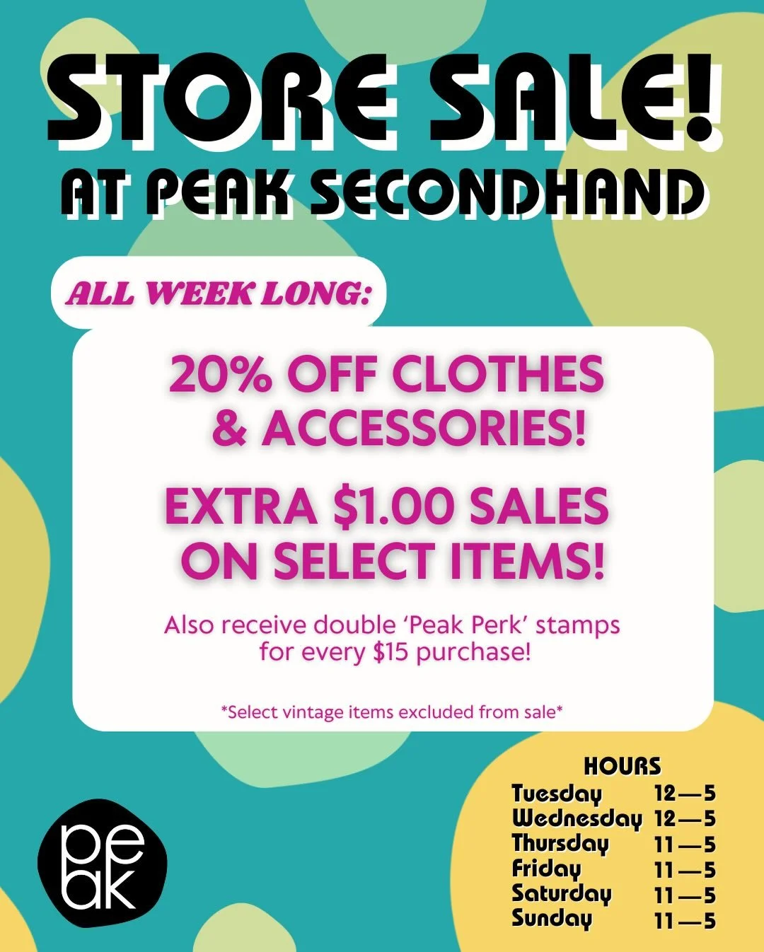 Say you&rsquo;ll be at Peak&rsquo;s Storewide Sale this week! 20% off clothes and accessories and Dollar Deals and double Peak Perks?! What is it spring or something?! 🌸🌸🌸👯&zwj;♀️👯&zwj;♀️👯&zwj;♀️