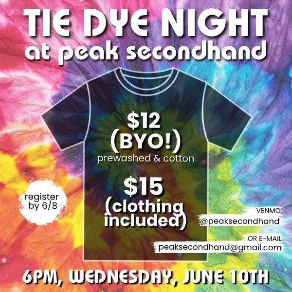 Ok, it&rsquo;s finally happening. An event I&rsquo;ve wanted to do for quite some time and have been saving white clothes for this moment - Tie Dye Night at Peak Secondhand! And even better, we&rsquo;re doing it just in time for The (5th!) Pride at P