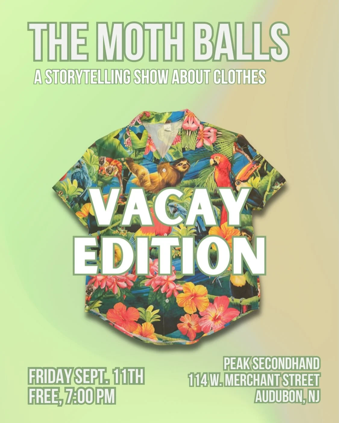 As summer comes to a close, join us in September for a Moth Balls celebrating clothes we travel with, clothes we lose in hotels, shoes we buy at street festivals, souvenir tshirts, and more. Interested in telling a story? Send us a message! 🗣️

Moth