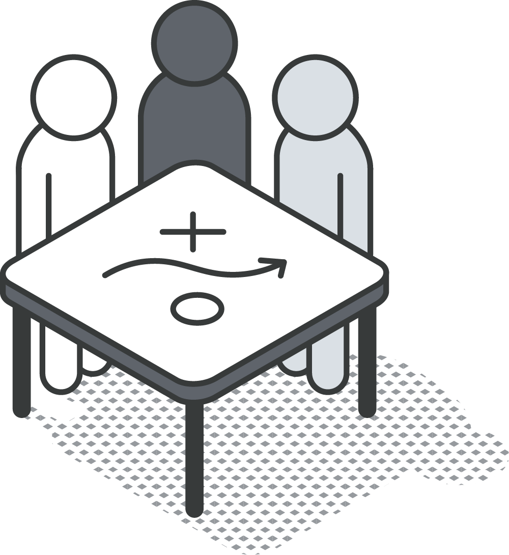 Geometric drawing of an outline square with sections divided by vertical, horizontal, and half circle lines.