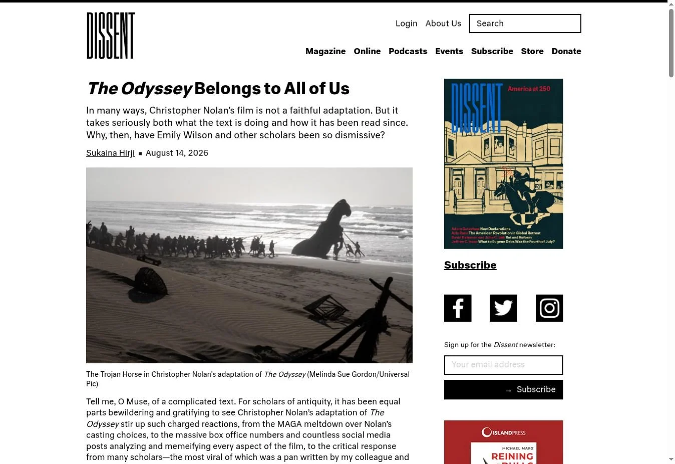 The Odyssey Belongs to All of Us, by Sukaina Hirji. Dissent, August 14, 2026.