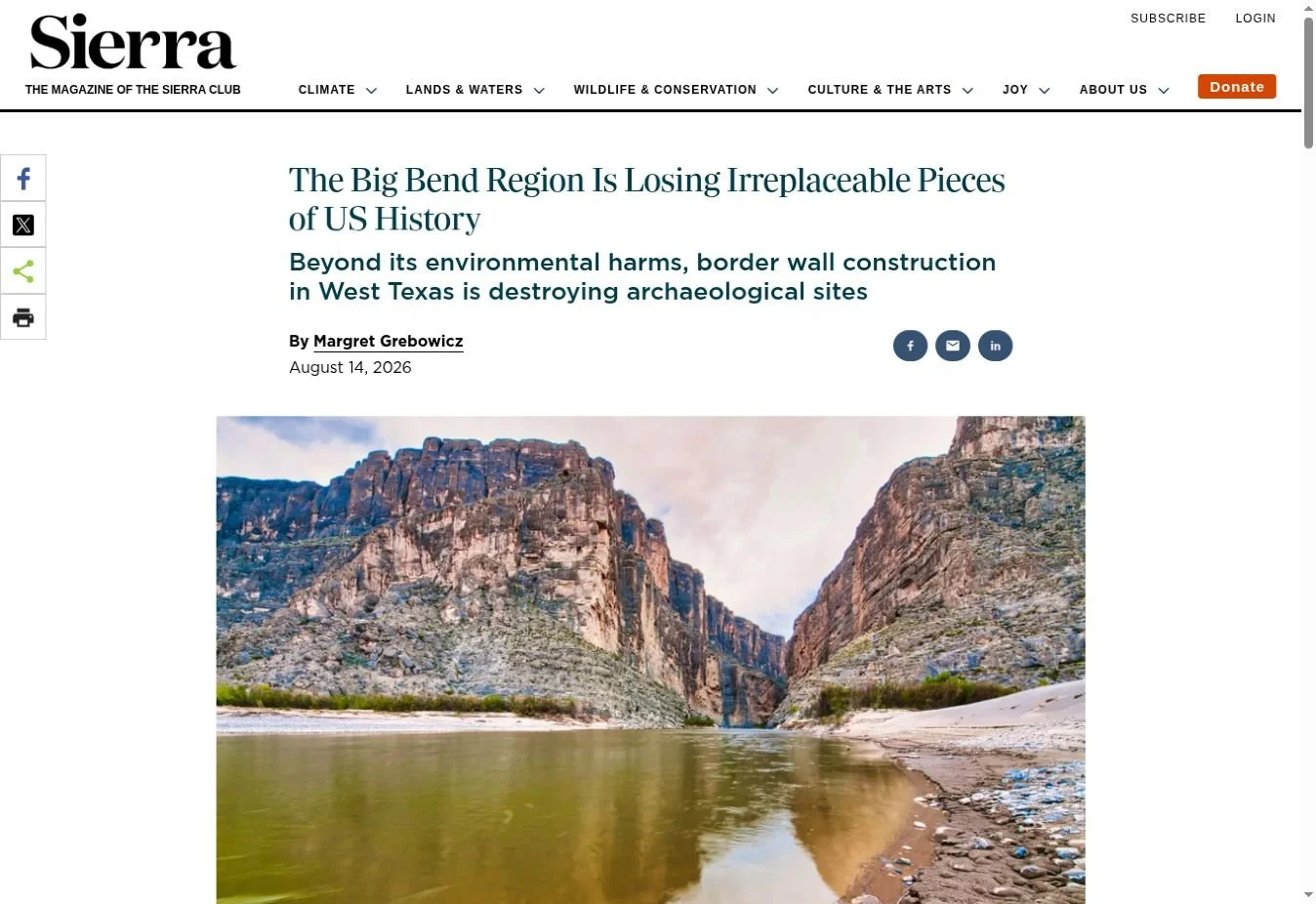 The Big Bend Region Is Losing Irreplaceable Pieces of US History, by Margret Grebowicz. Sierra, August 14, 2026.