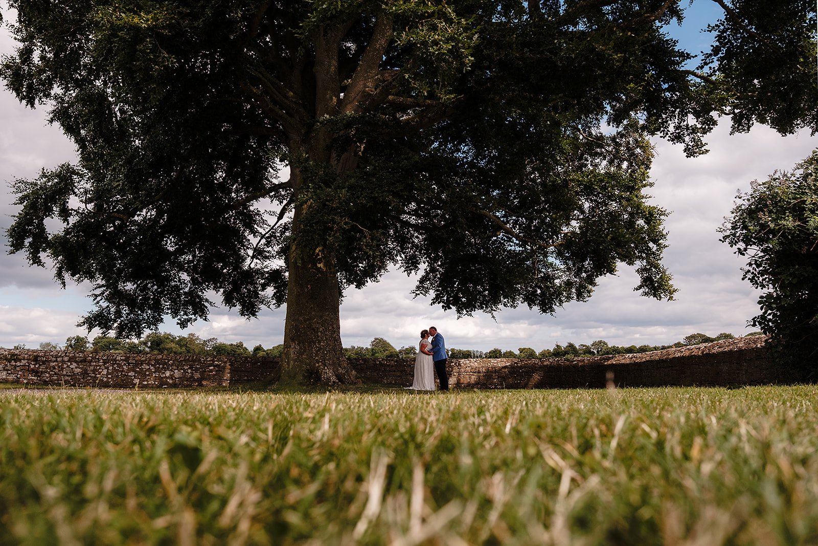A couple in wedding attire embracing under a large tree on a grassy field with a stone wall in the background, under a cloudy sky.