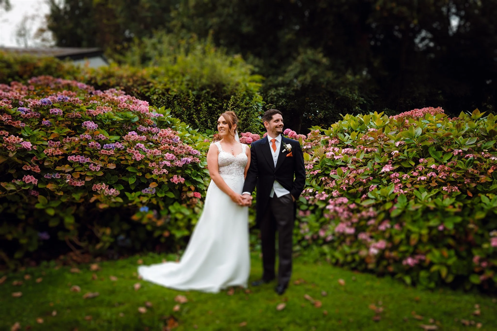 A bride and groom standing hand in hand among pink and purple hydrangea flowers, smiling and looking happy during their wedding in a garden setting.