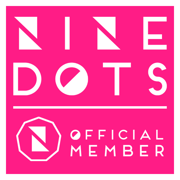 Nine Dots Official Member logo, pink background, white text and graphic elements.