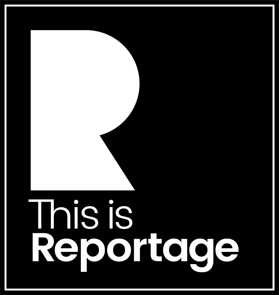"This is Reportage" logo with a stylized "R" on a black background.