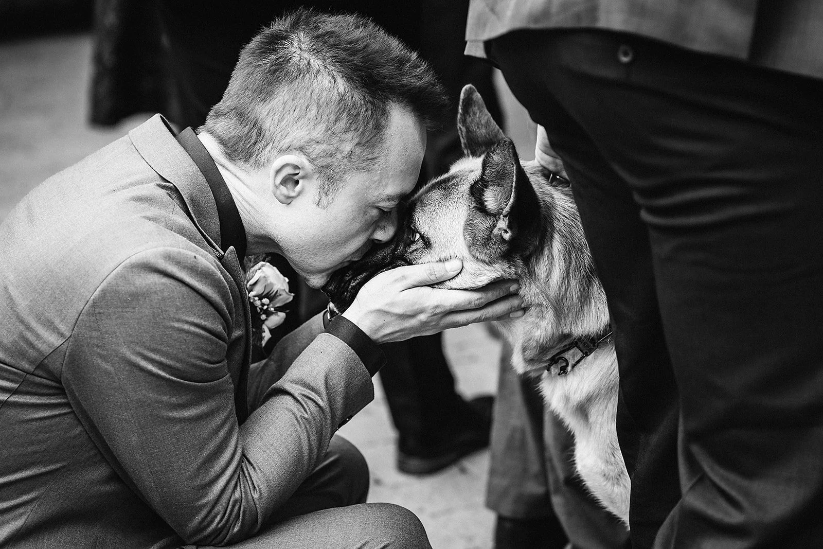 A man in a suit gently holds a dog's face with both hands, leaning his forehead and nose against the dog's face in a tender moment.