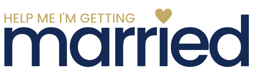 Text logo reading 'Help Me I'm Getting Married' with a heart symbol above the word 'married.'