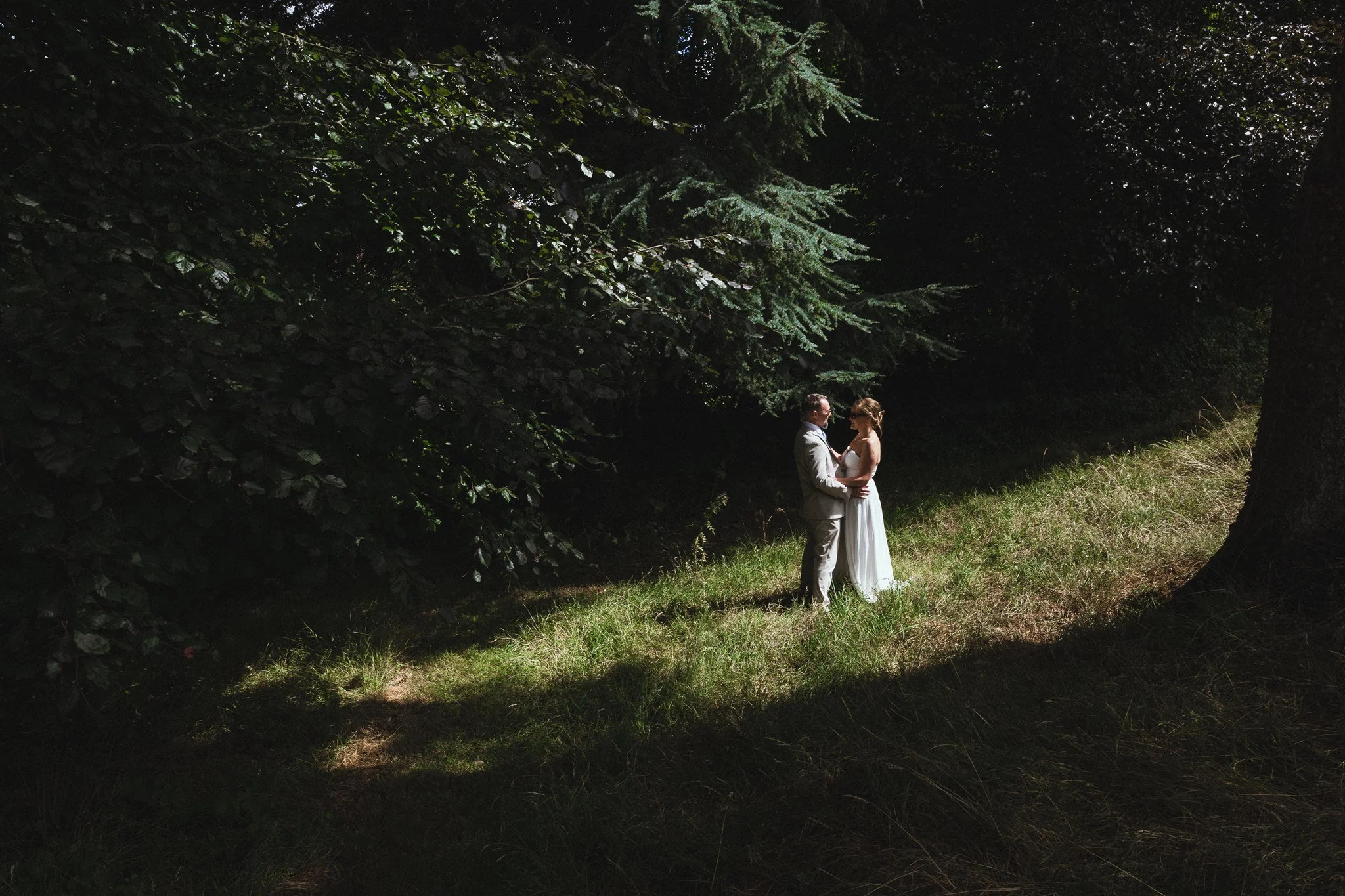 A bride and groom standing in a sunlit clearing surrounded by dense trees, holding hands and gazing at each other.
