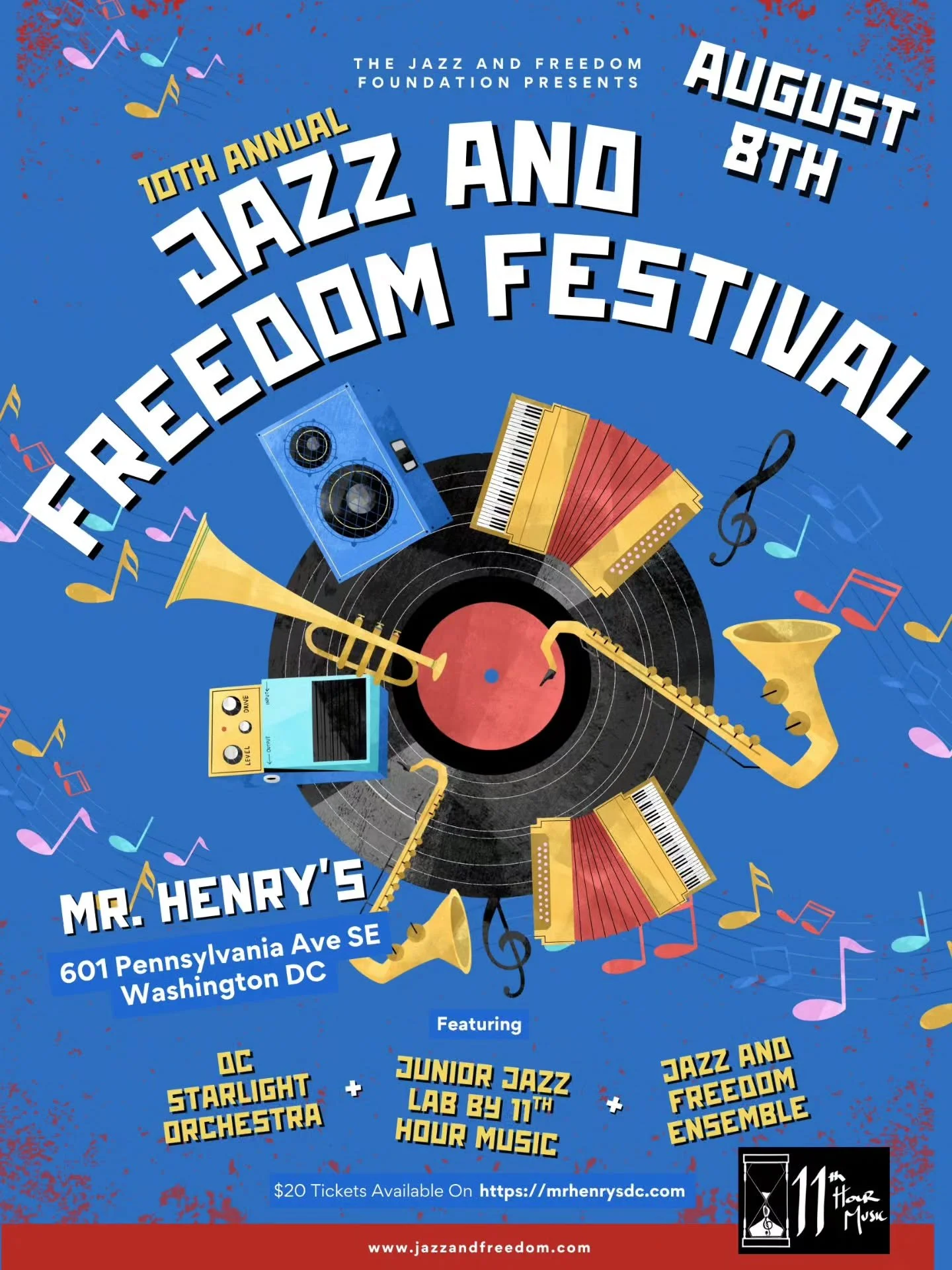 Come catch the Junior Jazz Lab at the 10th Annual Jazz and Freedom Festival tomorrow, 7PM at Mr. Henry's! Proceeds go to the Jazz and Freedom Foundation which funds legal services for marginalized populations.

11th Hour Music is a proud sponsor of t