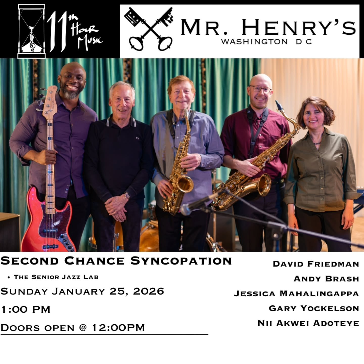 Come check out Second Chance Syncopation at Mr. Henry's this weekend!

The Senior Jazz Lab is a program with 11th Hour Music that helps people get reacquainted with their instrument and learn to play jazz in a group.

Ticket link is in the bio!