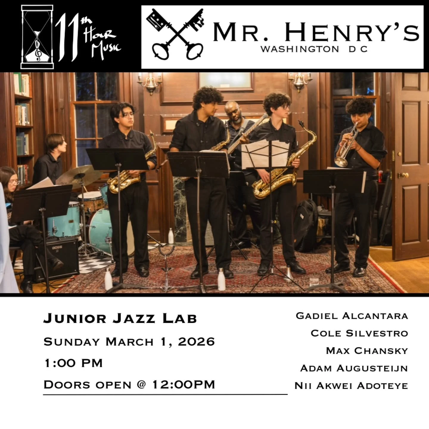 Come check out the Junior Jazz Lab at Mr. Henry's for some brunnch jazz this Sunday! This group sounds amazing and you don't want to miss it! Paying homage to Miles and Trane!

🎷@gadileo_
🎷@c_oleslaw
🎻 @maxamilianamus
🥁@adamaugusteijn 
🎸@11thhou