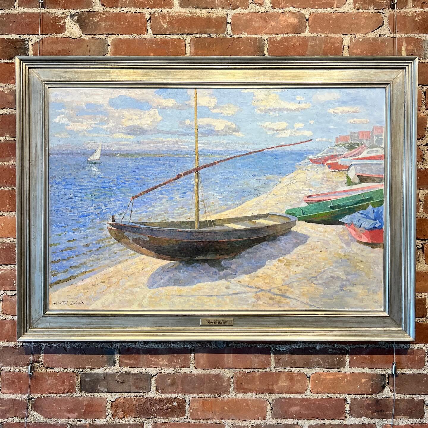 &ldquo;Boats at Volendam, Holland&rdquo; by Anatoly Dverin in our handmade silver panel frame with plaque. What a beautiful oil painting. The texture and layers of oil are multi layered, thick and reminiscent of other impressionist masters. What an h
