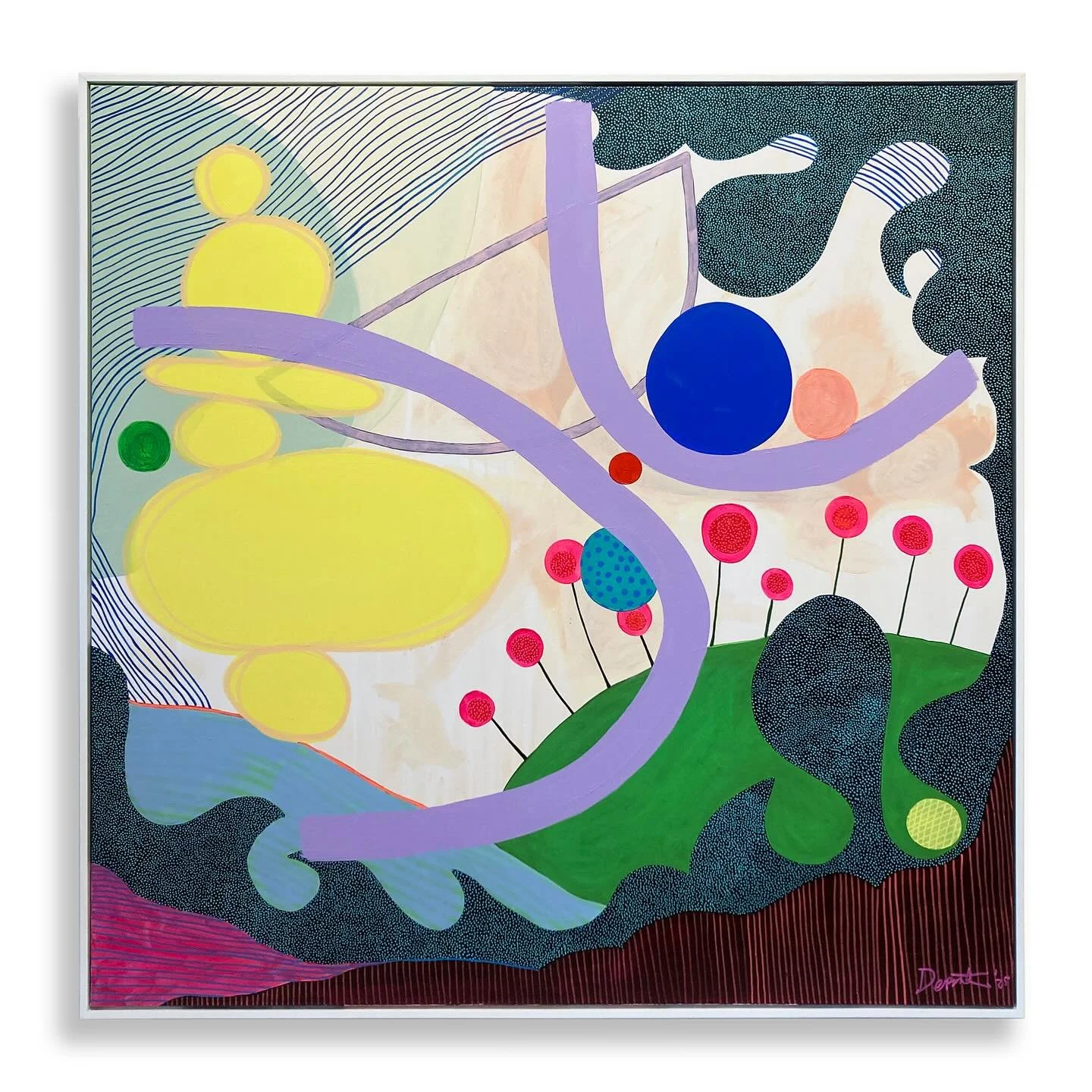 Original 48x48 @nicolesdeponte painting on canvas in a simple and effective white floater frame. What a beauty this one is! A clean and sharp presentation. 
#custompictureframing #nicoledeponte #originalabstractpaintings #paintingoncanvas #floaterfr