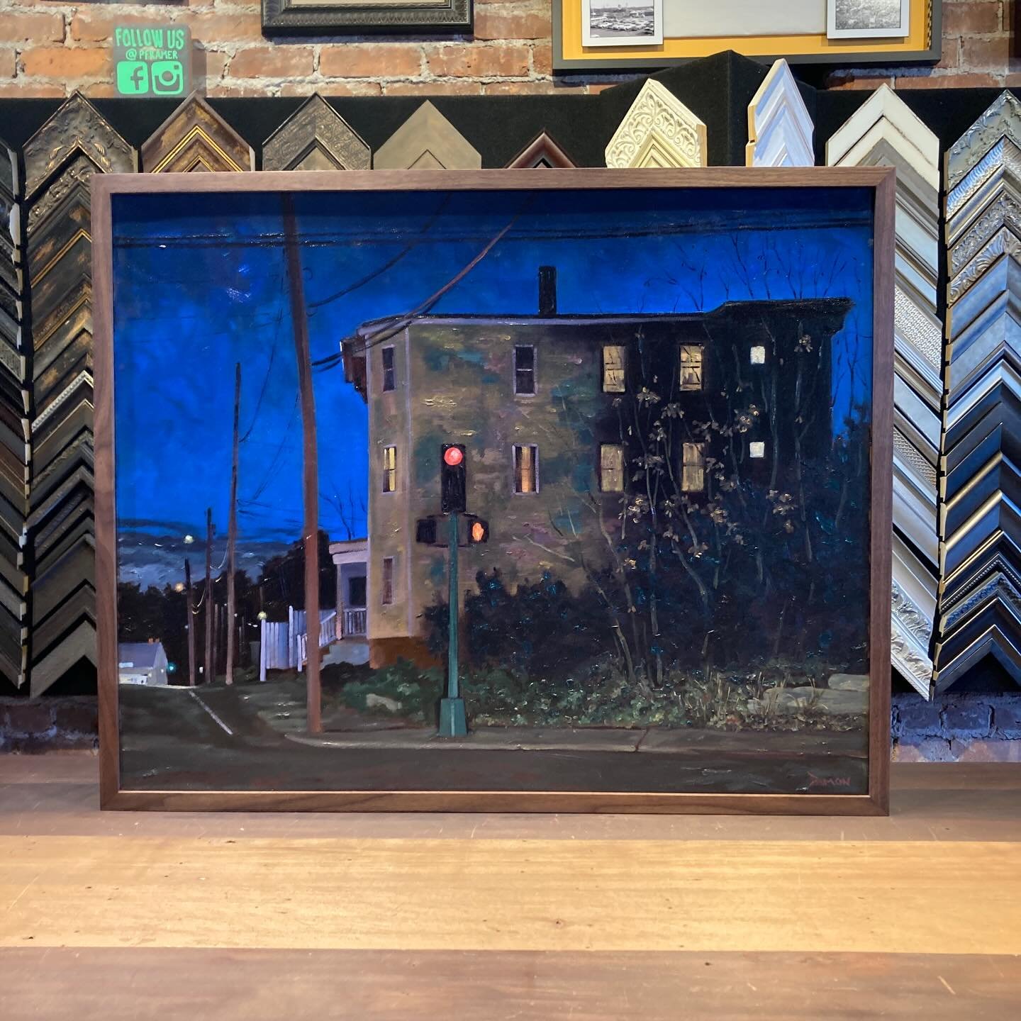 Always a pleasure to frame works by @paintingsbypeted This triple decker night scene in oil finished with walnut and maple splines is relatable and familiar. Pete&rsquo;s artistic influences are many; including Robert Henri, Edward Hopper, John Sloan