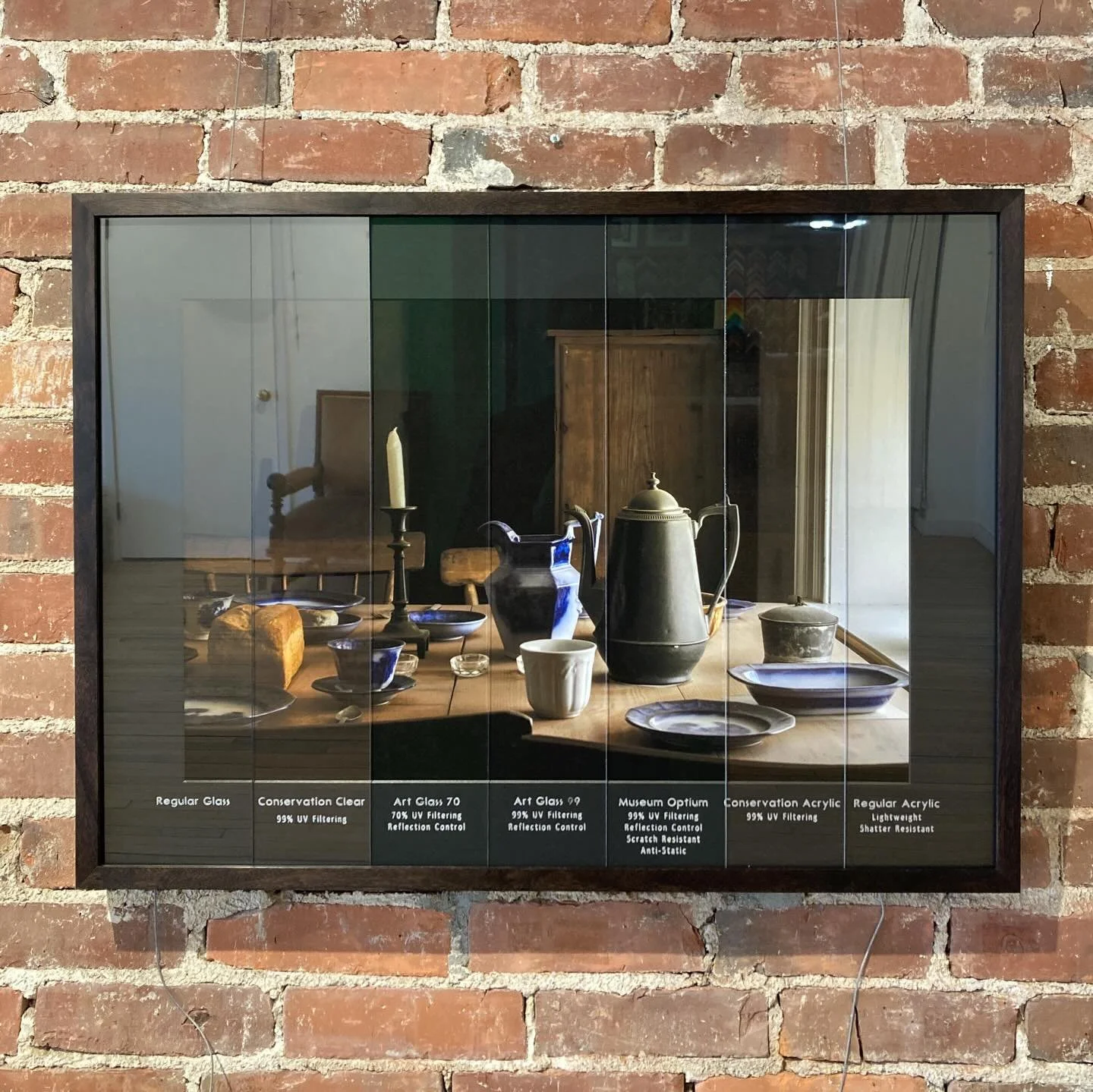 We finally got around to making our glazing example! Geeking out on the various characteristics of each type of glass or acrylic will be far more satisfying and obvious. This will help make our customers choice easier. 

From left to right: 

Regular