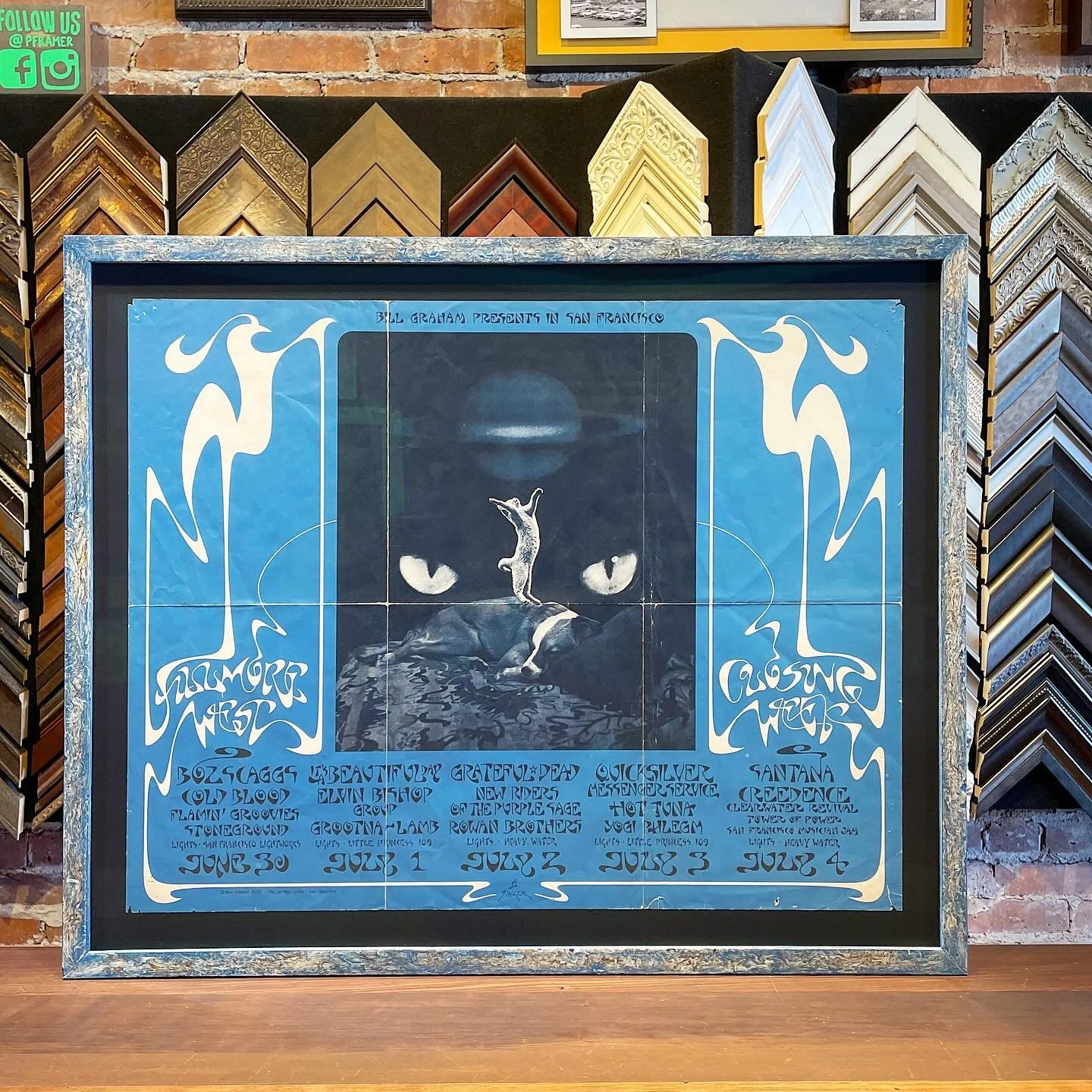 Fillmore West Closing Week Bill Graham presents in San Francisco poster signed at the bottom &ldquo;Singer&rdquo;. Floated, glazed with @truvuefineart Museum Optium and framed with a hemp wood frame by @eastbound_ben. Perfect for this five day concer