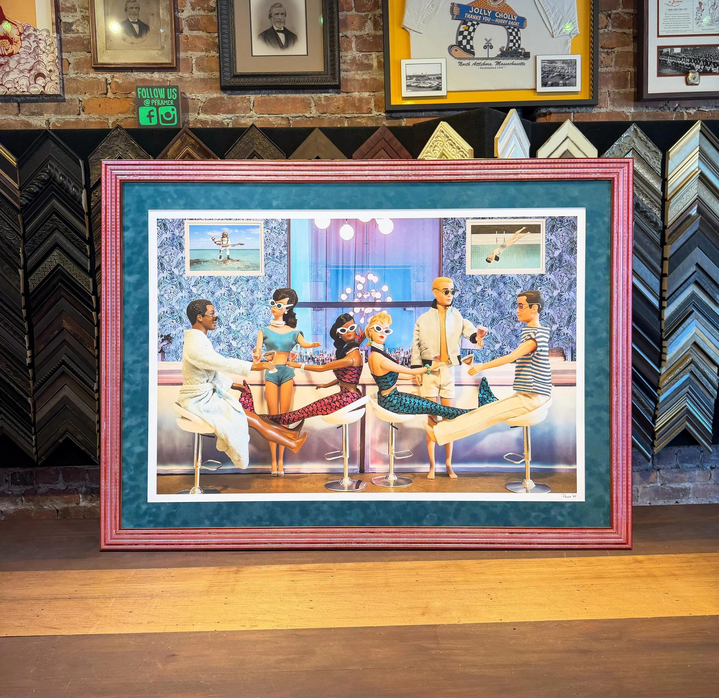 Signed print by @vintagebarbieandken with bold colors and linear shapes. Pink is the ultimate finish color to wrap up this whimsical little scene. 🎬 💓📷

#davidparise #custompicturedraming #bolddesigns #comedesignwithus