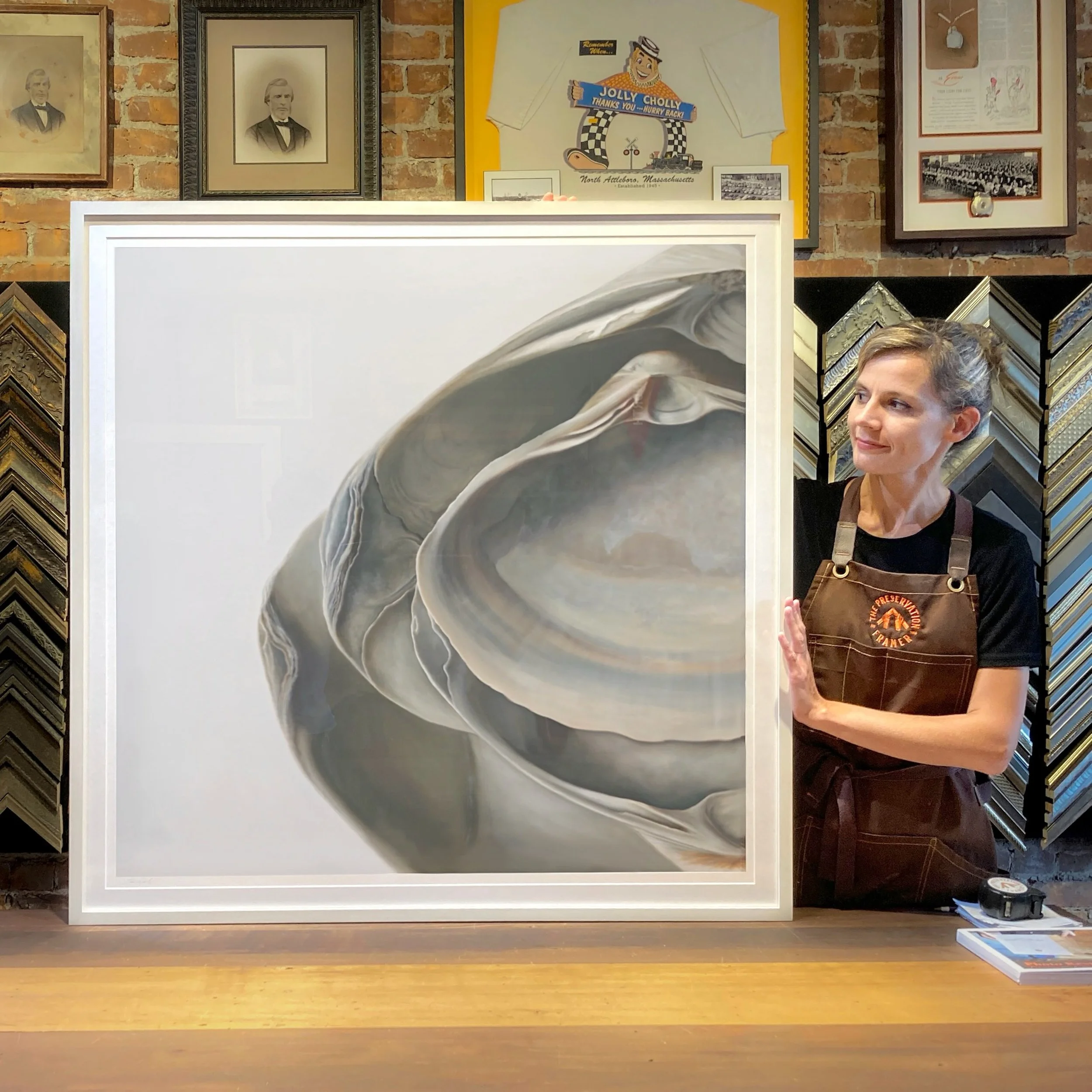 @sarahverardo_art 36x36 fine art print &ldquo;Nested Surf Clams NO. 5&rdquo; signed. Framed in our .75x1.5 maple, hand finished in our original color Flotsam. Archival matting and acrylic with backing strainer. Packaged and shipped out to Sarah&rsquo