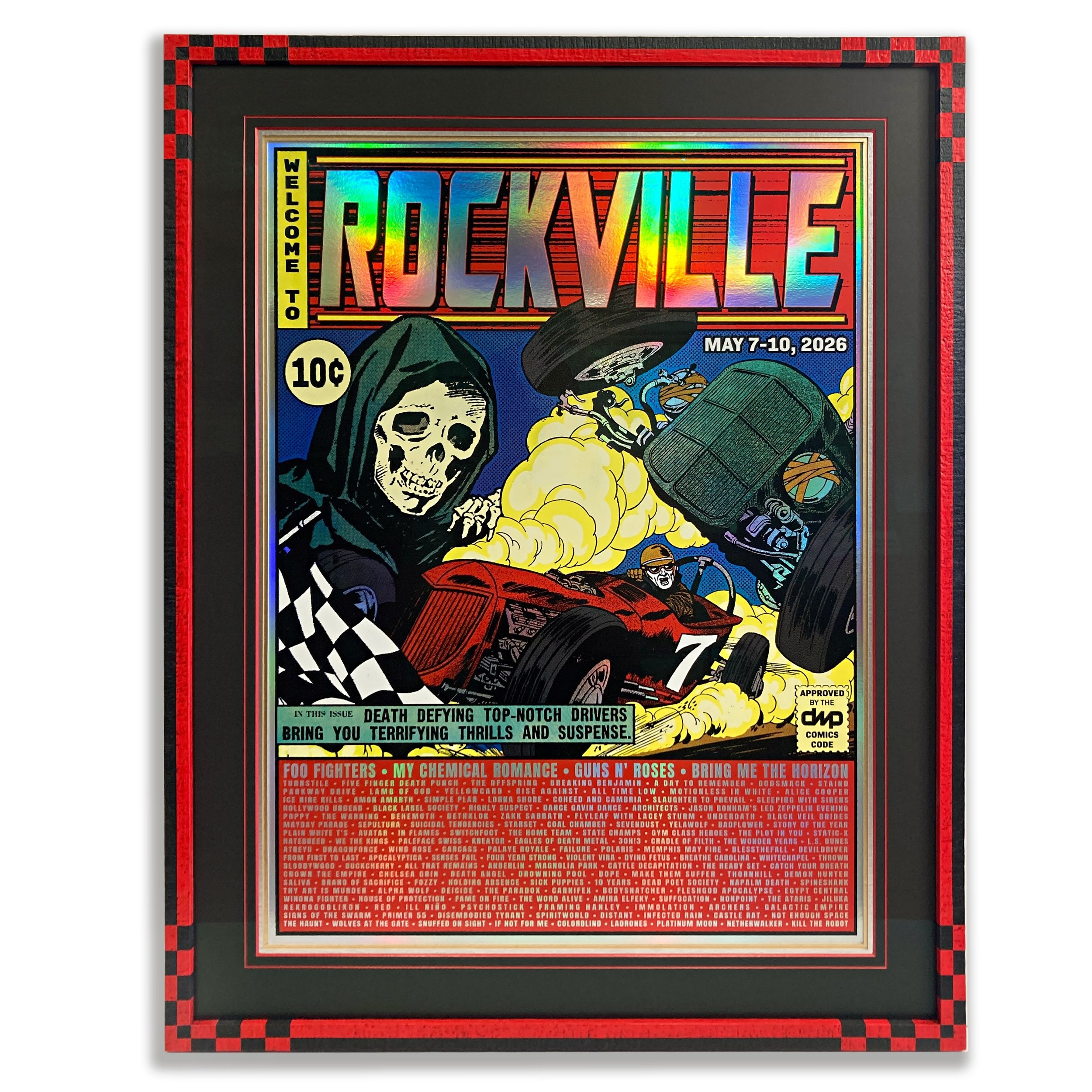 18x24 thick card stock foil comic book style gig poster! Bands include Foo fighters, My Chemical Romance, Guns N Roses, The Offspring, Staind, Five Finger Death Punch &amp; others from performances in May 2026. Framed in a handmade checkered flag 🏁 
