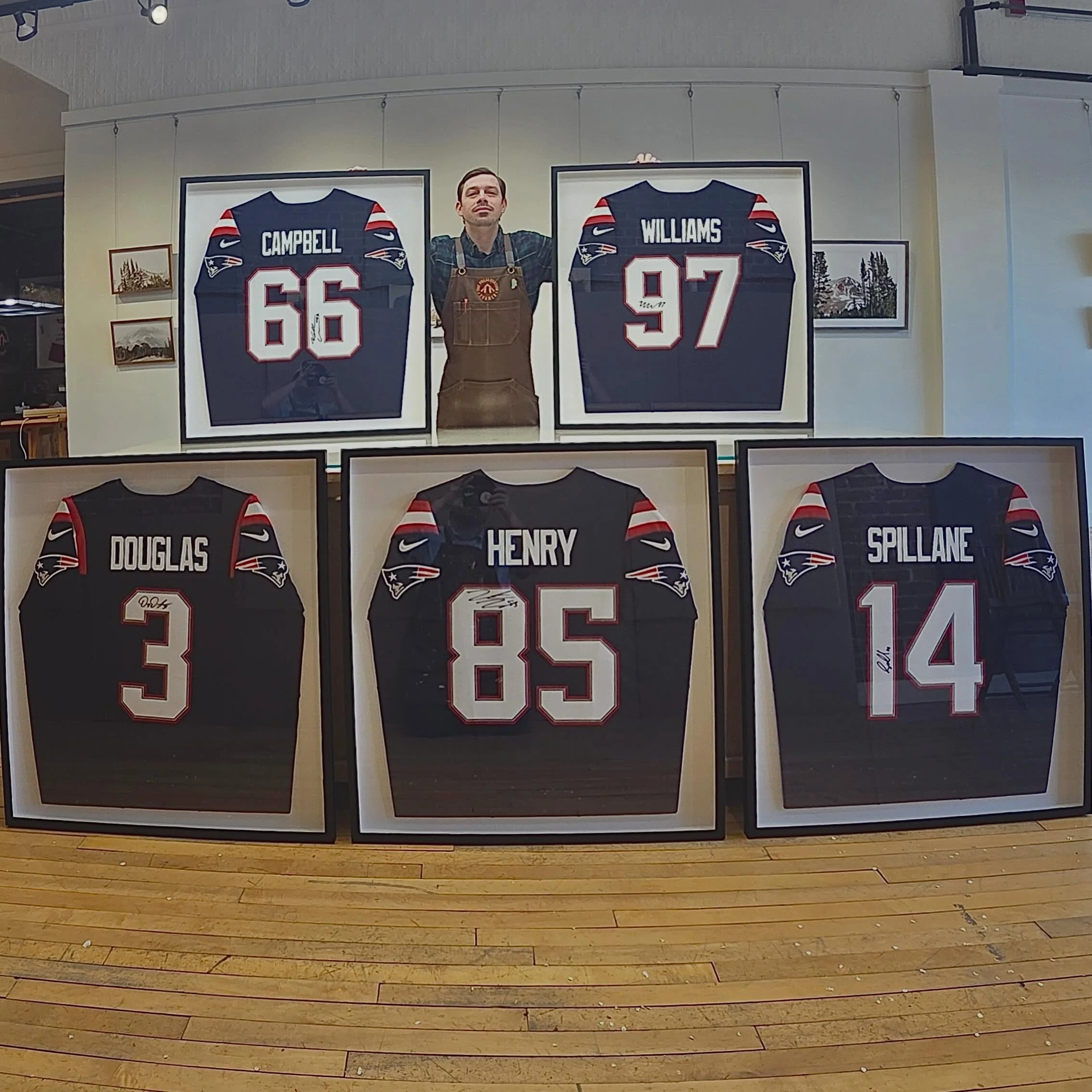 Knocked out a few signed jerseys this week. All five designs to be the same size frame (tho the camera angle makes it look like two are small, they are not 😂). Five jersey specials for a brand new customer. 

#custom #jerseyframing #custompicturefra