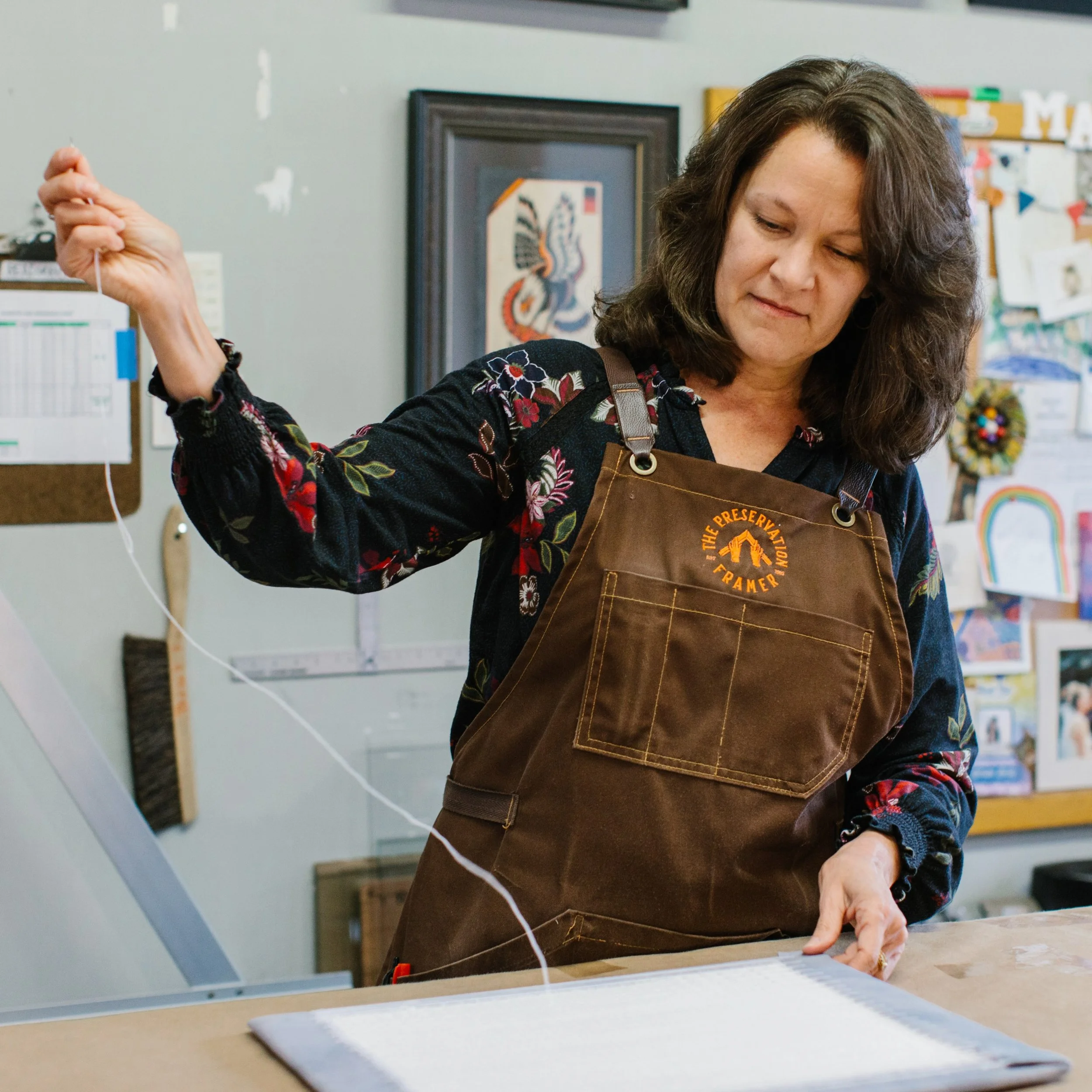 Working with our hands 🙌 Lacing, Shaping &amp; Sewing, Designing, Lacing &amp; Stretching and assembling. Just a few snaps from behind the scenes. What&rsquo;s your next framing project and how can we help you? 🪡🎨🖼️

#preservationframer #dailywor