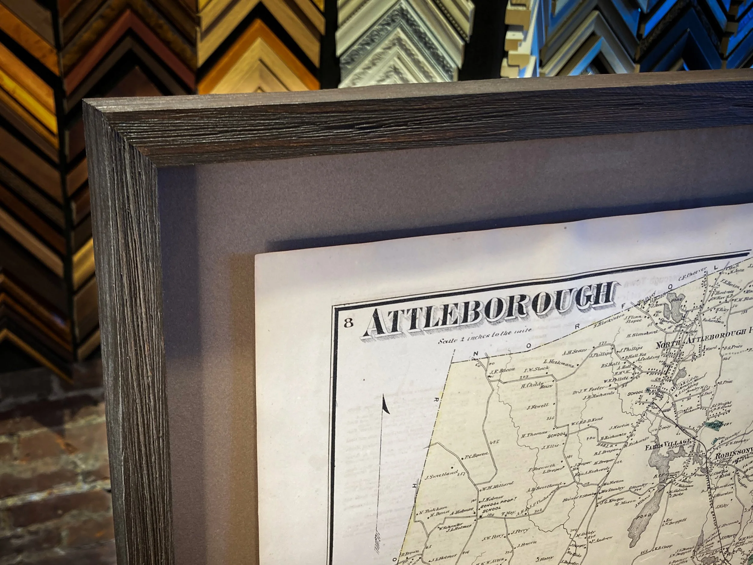 Local antique map from the late 1800&rsquo;s of Attleboro, Massachusetts. Raised float mounted with Japanese papers and acid free materials and shadowboxed with UV blocking glass in a handmade frame. #local #handmade