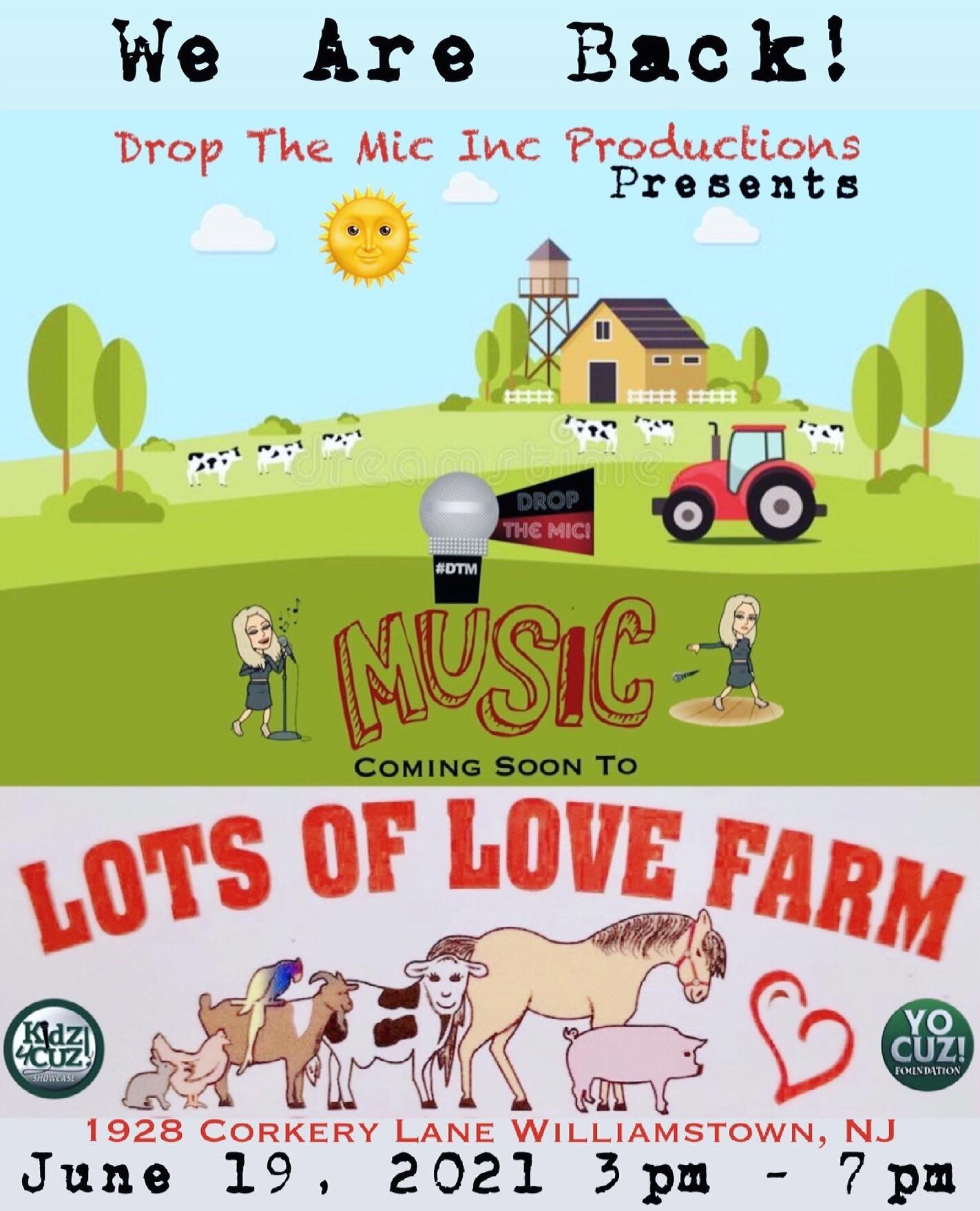 We are BACK... June 19, 2021! More details to be announced this week for this LIVE outdoor FAMILY fundraising MUSIC event on the farm! 🐴🦚🐄🐰🐐🐷🐓🦙🦃 🐕🐎 #DropTheMicInc 🎤 #Kidz4Cuz 💚 #YoCuzFoundation #LotsOfLoveFarm ❤️🧑&zwj;🌾