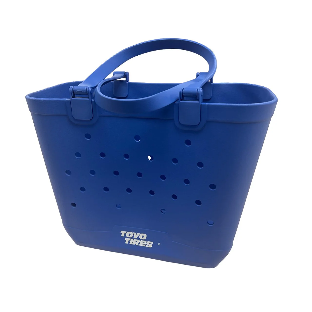 Blue plastic tote basket with ventilation holes and TOYO TIRES logo, designed for carrying items.