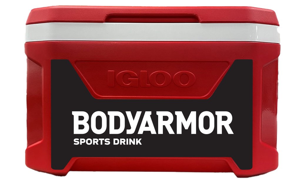Red and white cooler with black label reading 'BODYARMOR SPORTS DRINK' and 'IGLOO' logo on top.