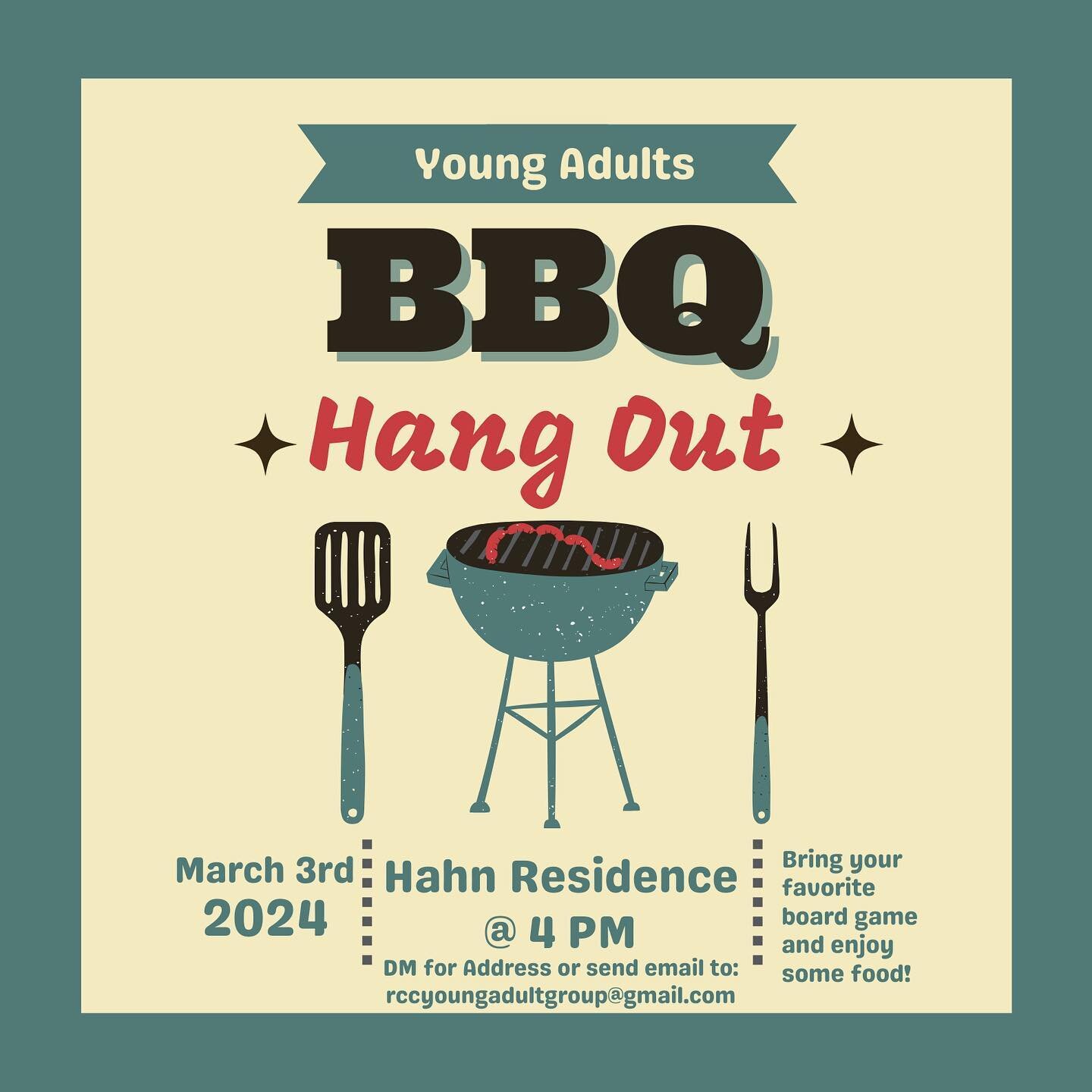 Attention Young Adults! You&rsquo;re invited to a bbq and hang out on March 3. Go follow @rccyoungadultgroup and DM to get the address!