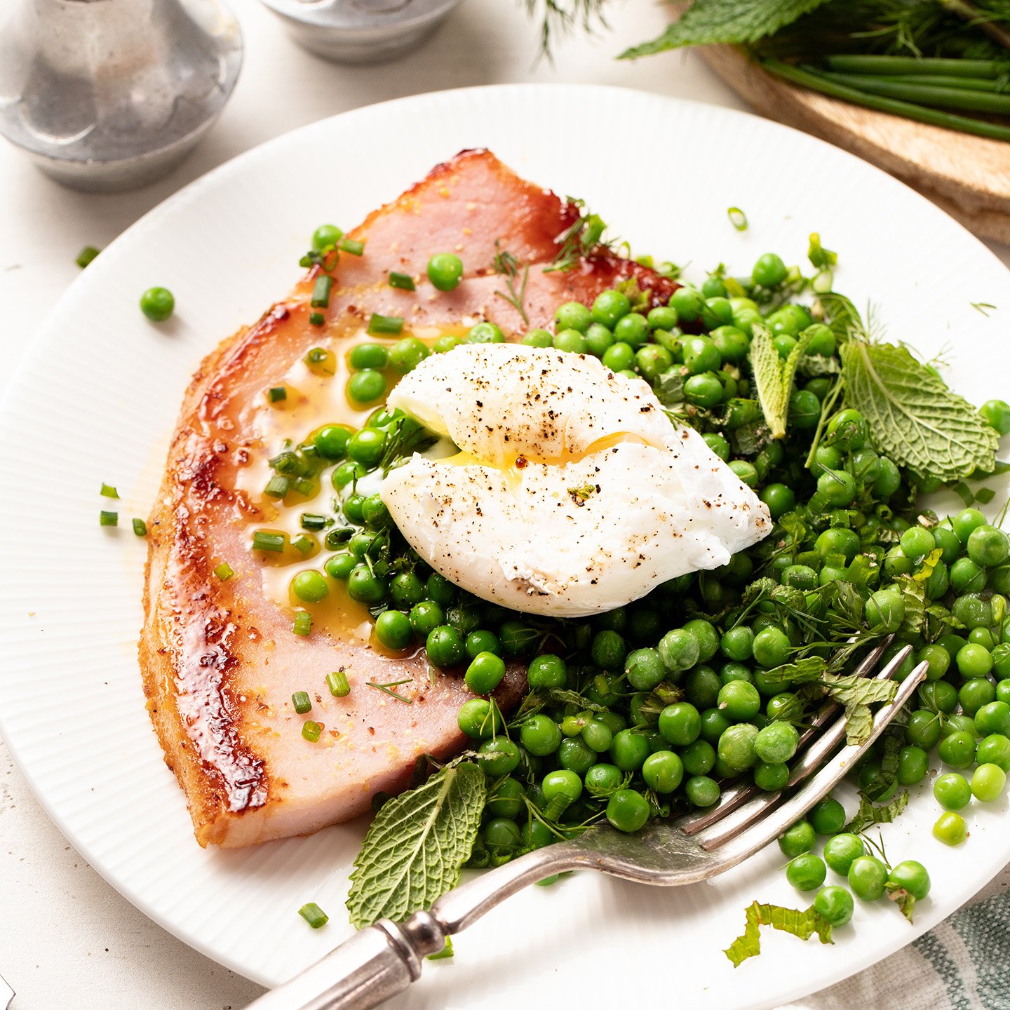 Recipe: Ham Steak + Eggs with Spring Pea Salad