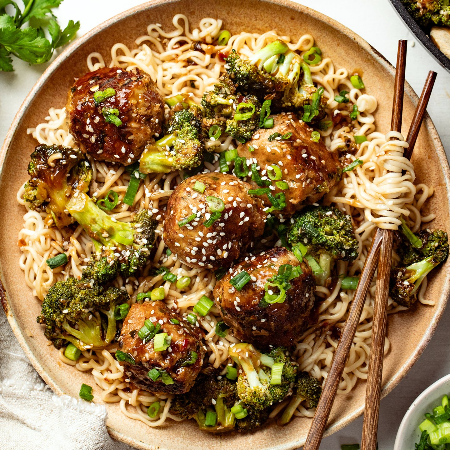 Recipe: Spicy Sesame Pork Meatballs on Broccoli with Noodles
