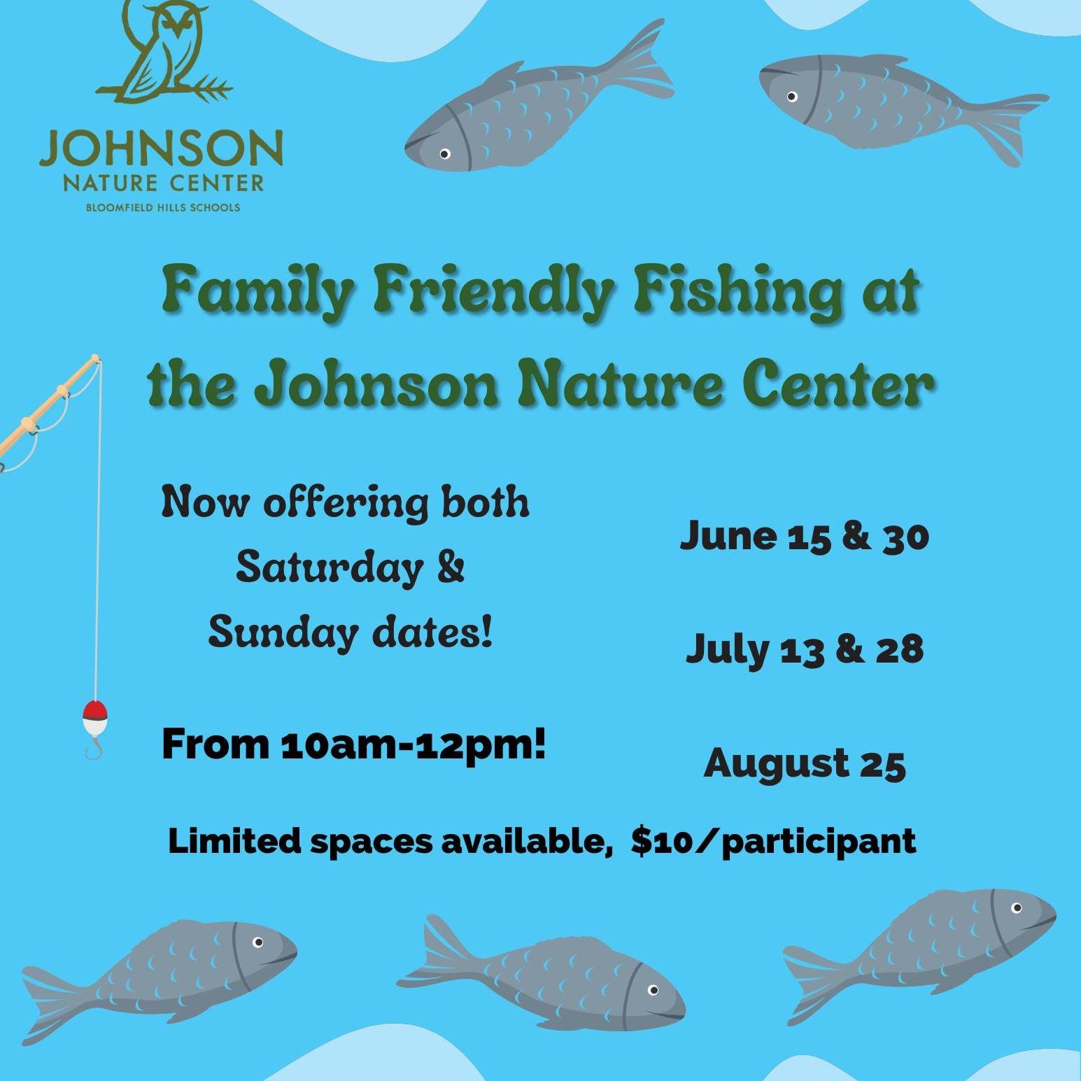 Save the date! We are pleased to announce the dates for 2024's Catch and Release Family Fishing this summer. From 10am to noon, participants have the option to bring their own equipment, or borrow from what the Nature Center has to offer. Registratio