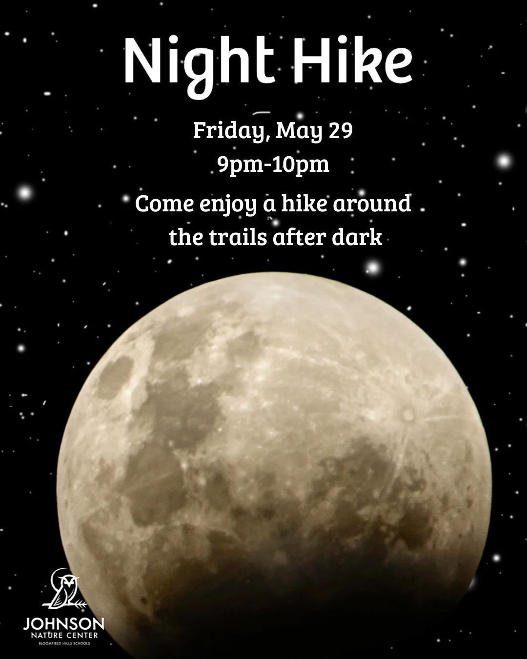 Enjoy a hike at the Nature Center after dark and learn about different nocturnal animals on May 29.  Pre-registration required.