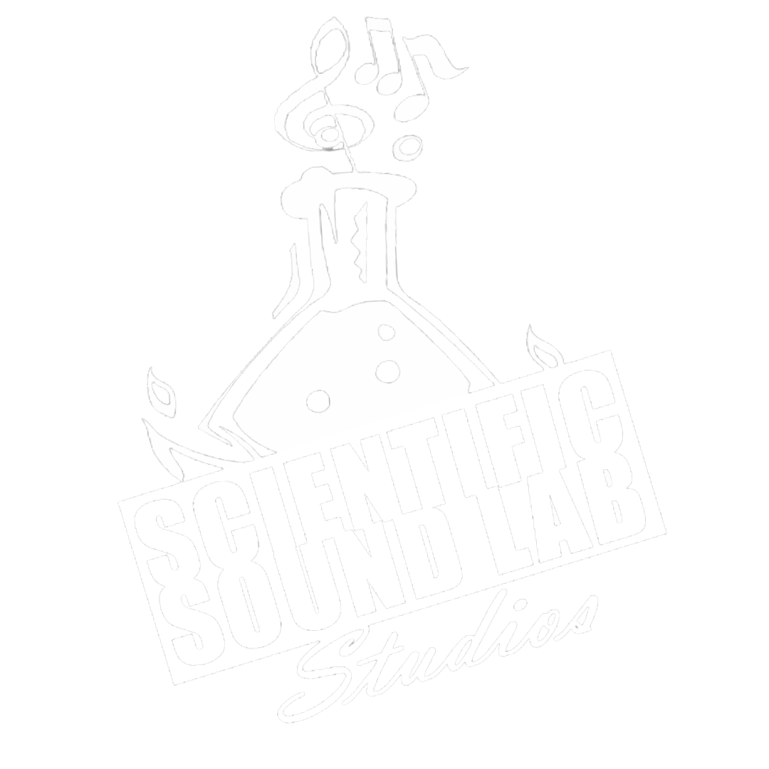 Logo of Scientific Sound Lab Studios featuring a stylized laboratory flask with musical notes coming out of it.