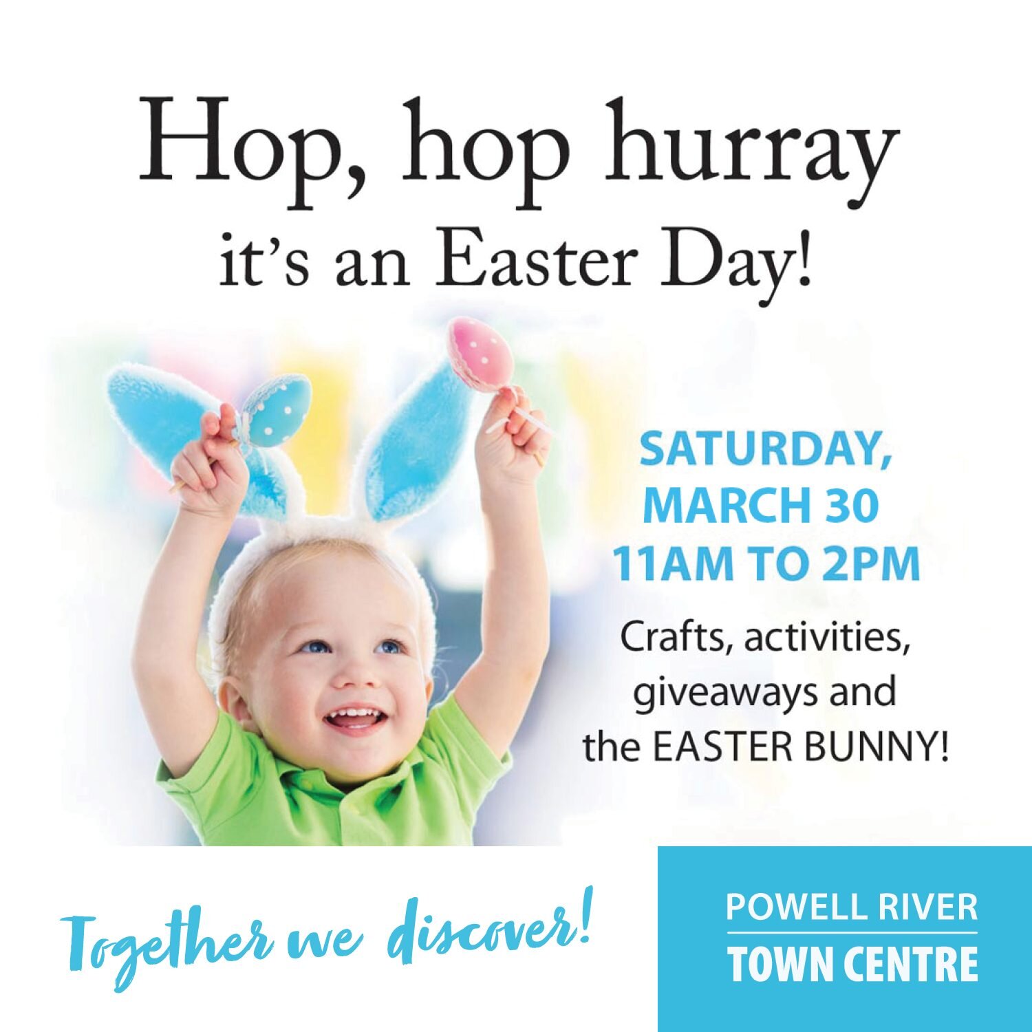 The Powell River Town Centre's Easter Event is this Saturday, March 30th from 11am to 2pm. Mark your calendars for this FREE KIDS EVENT!
.
Bring in kiddos to the Powell River Town Centre, meet at Centre Court (beside Shefield Express &amp; Canada Pos