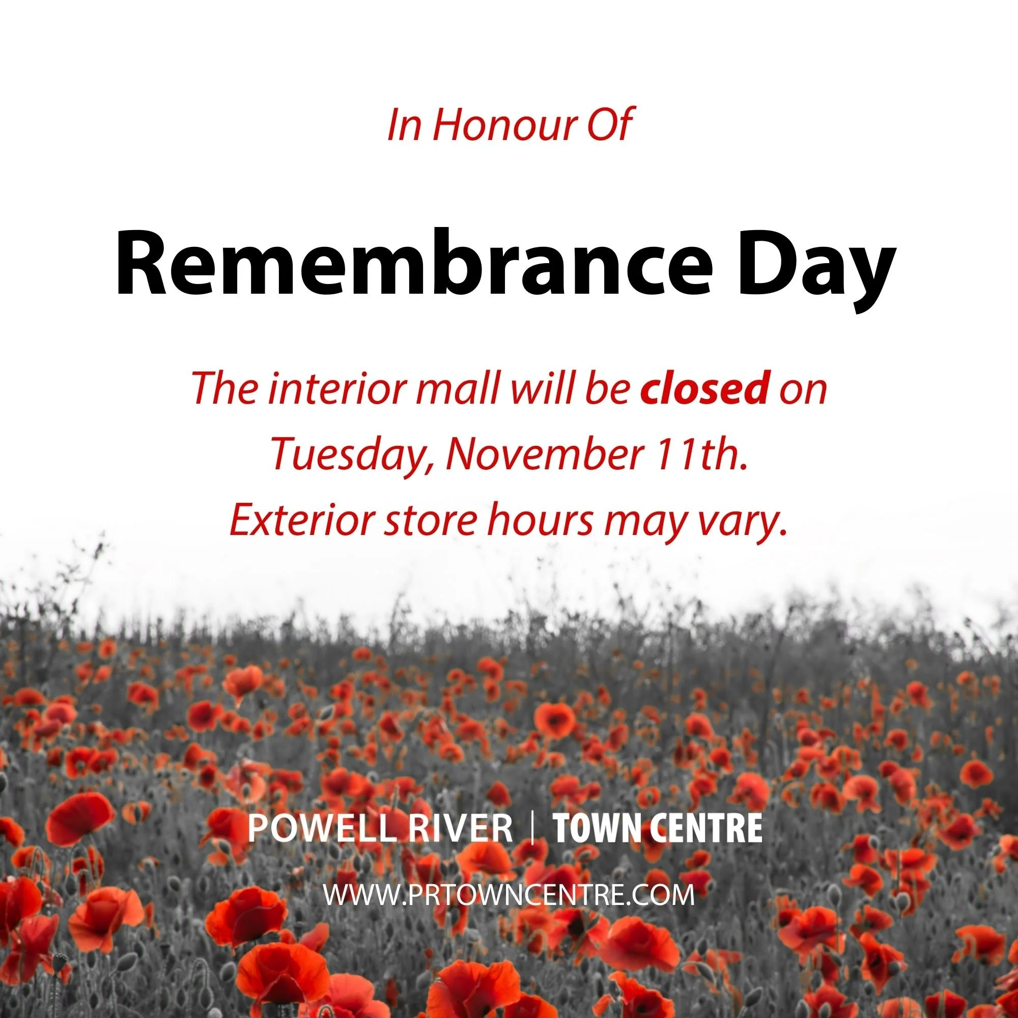 We would like to inform our valued customers that we will be closed to honour Remembrance Day. 

We encourage everyone to take a moment to reflect and pay tribute to those who have served. 

Thank you