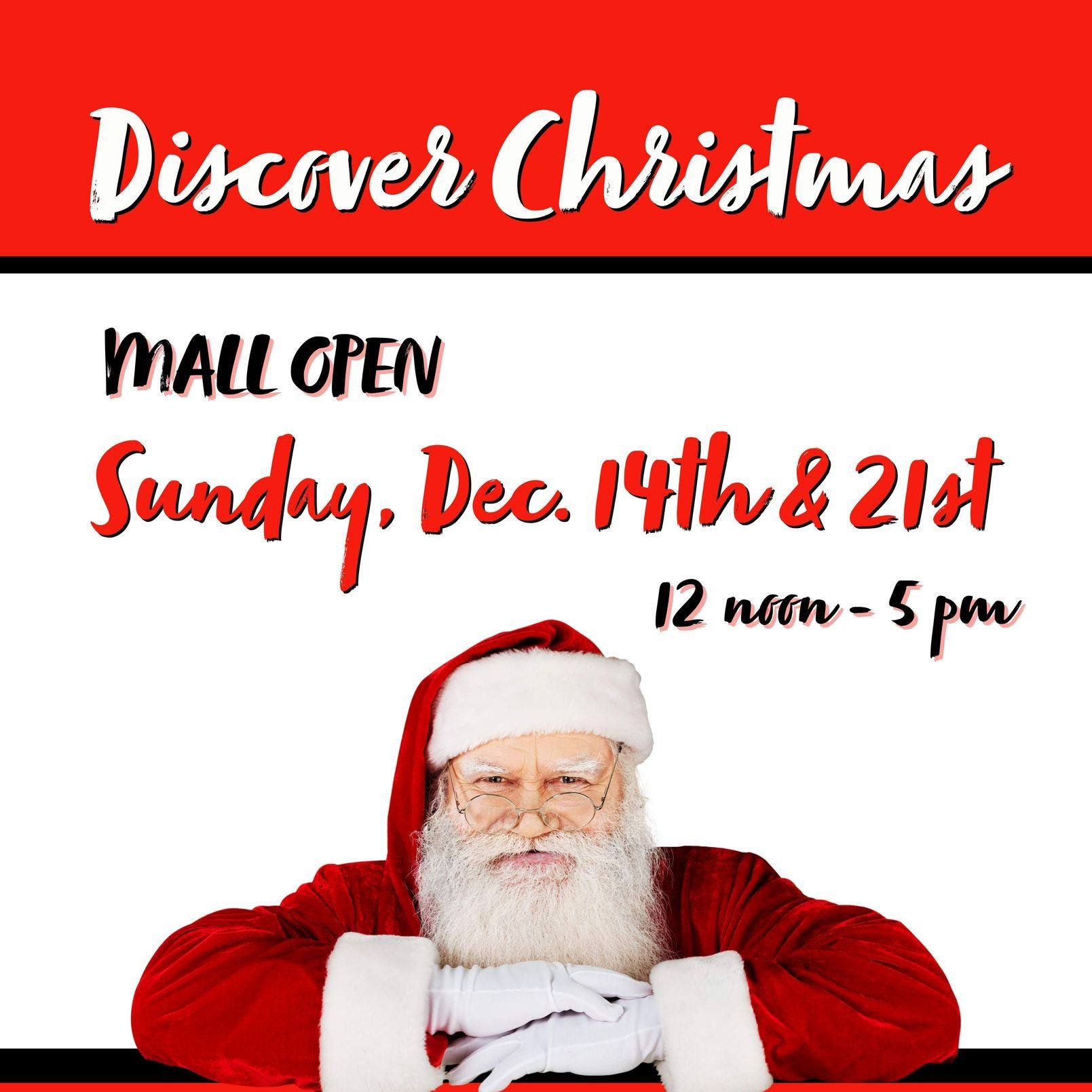 The mall will be OPEN this Sunday from 12 noon - 5 pm.
Santa will be on-site for FREE take your own photos from 12 noon - 4 pm.