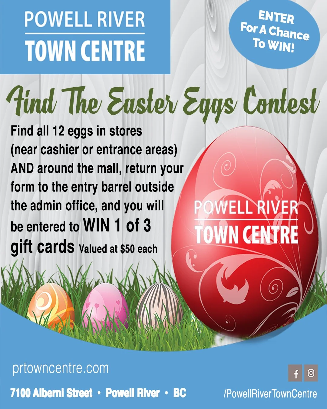 Join us for some Easter fun! 
Find all 12 eggs and enter to WIN 1 OF 3 gift cards valued at $50 each!
#powellriverbc