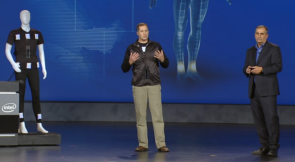 Brian Krzanich &amp; Darryl Adams demo the spatial awareness wearable during the CES 2015 Keynote. Image credit