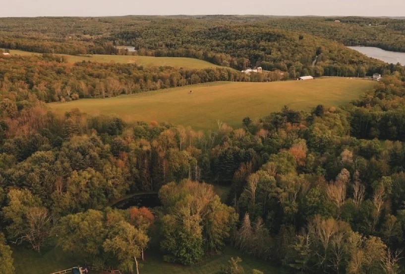 Aerial landscape view of rolling hills, forests, and countryside surrounding a Catskills mountain retreat.