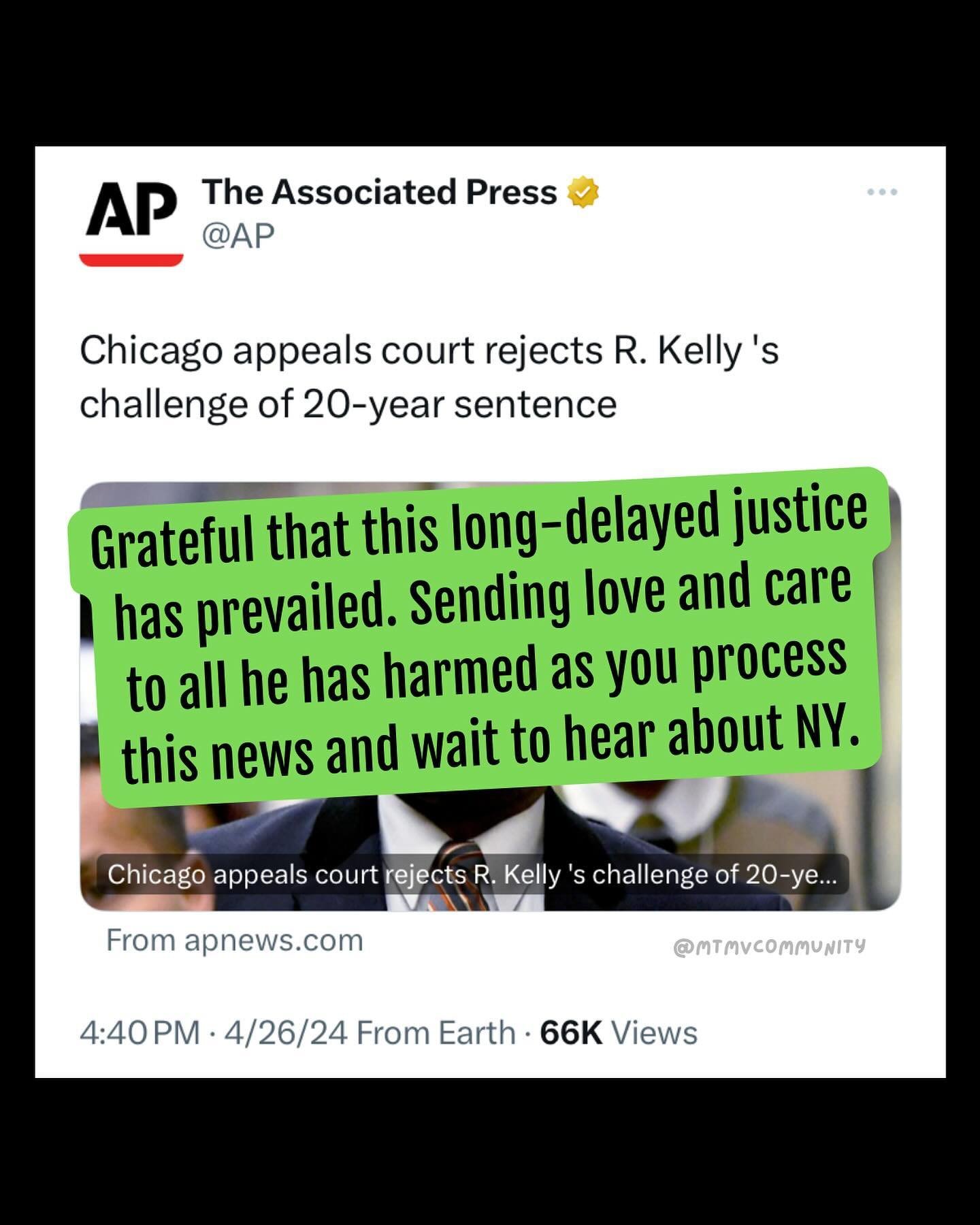 We have some good news today from the world of appellate courts. A Chicago judge denied R. Kelly his appeal today!!! 

&ldquo;The singer R. Kelly was correctly sentenced to 20 years in prison on child sex convictions in Chicago, a federal appeals cou