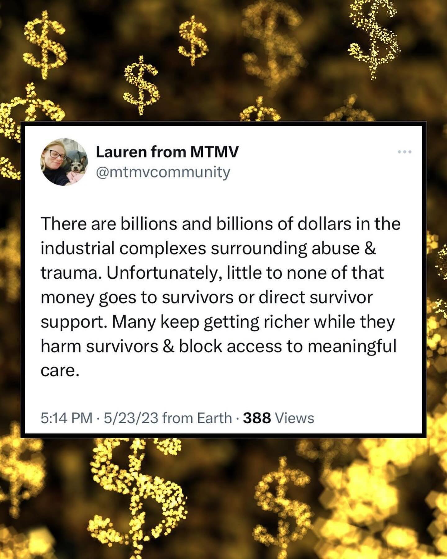 If you are not financially secure, it is hard to feel or find safety. Many survivors face trying to heal in environments that are not conducive to healing especially when they don&rsquo;t have financial stability. Invest in survivors. Pay survivors. 