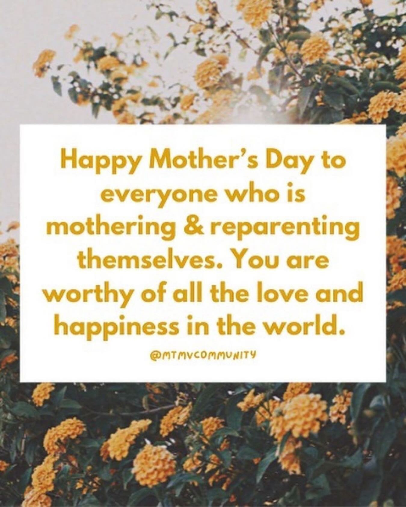 Happy Mother&rsquo;s Day to everyone who is mothering &amp; reparenting themselves. You are worthy of all the love and happiness in the world. 💛🌻

[Image description: above in yellow text on a white square over a picture of yellow flowers.]