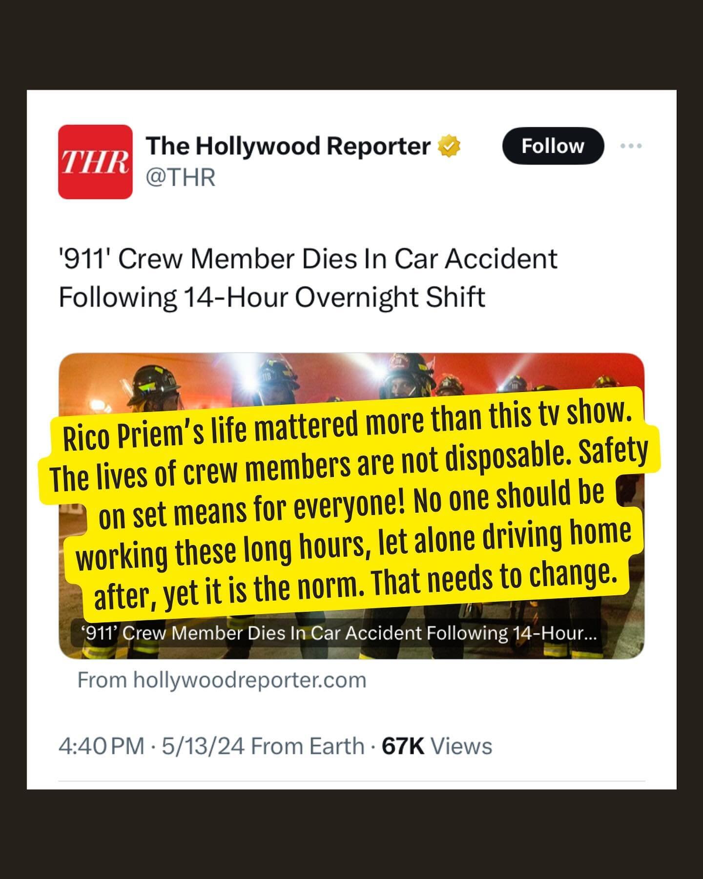Rico Priem should still be alive. This could and should have been avoided. Prioritize people over profit. Care about the people making your entertainment. The answer needs to be shorter filming days and proper turnaround. Production crews should be a