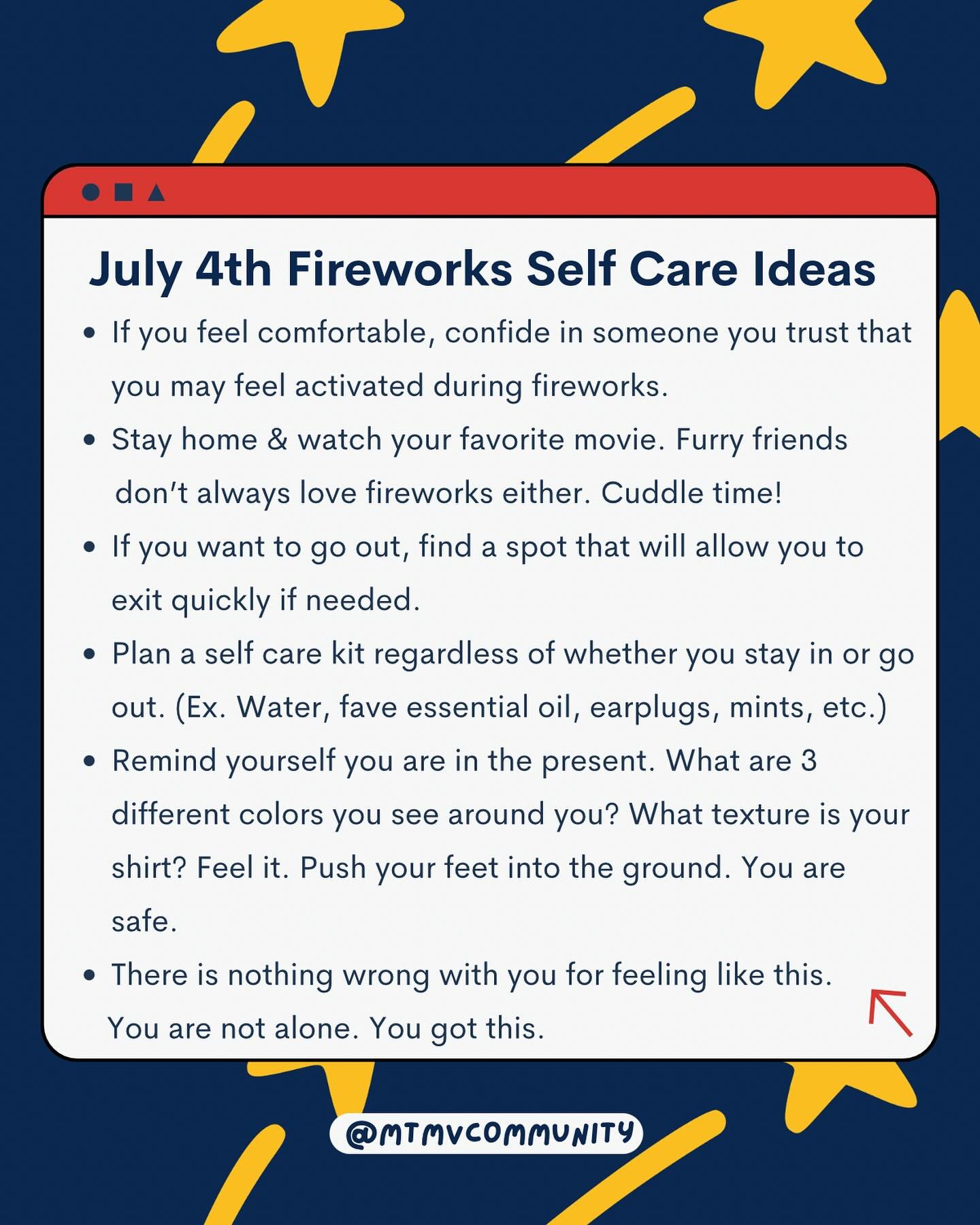 #tbt because safety is always the priority. Here are a few tips to help you through the fireworks. 

#FireworkSafety #TraumaSupport 

Image description: Blue background with text that reads, July 4th Fireworks Self Care Ideas. If you feel comfortable
