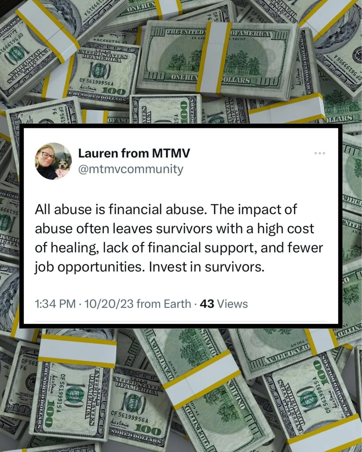 All abuse is financial abuse. The impact of abuse often leaves survivors with a high cost of healing, lack of financial support, and fewer job opportunities. Invest in survivors. #DomesticViolenceAwarenessMonth

Image description: Background is a pho